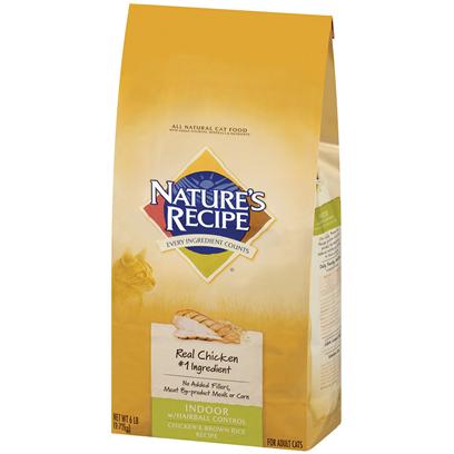 Del Monte Presents Nature's Recipe Chicken & Brown Rice Indoor with Hairball Control Adult Cat Food 14lb Bag. Control Hairballs. Need we Say More? Nature's Recipe Indoor with Hairball Control Chicken & Brown Rice Recipe is Specially Blended to Manage Hairballs. It's Food That'll Help Keep your Cat Happy and Healthy. Anyone Know if the Nobel Prize has a Cat Category? If so, this Recipe would Win!Nature's Recipe Chicken & Brown Rice Indoor with Hairball Control Adult Cat Food is Made to Support the Nutritional and Energy Requirements of Indoor Adult Cats with the Added Benefit of Helping to Control Hairballs. With 30% Protein this Natural Chicken Formula Dry Cat Food can Help Maintain Strong, Lean Muscle Mass. Real Chicken is the First Ingredient Wich Offers Irresistable Great Taste and a Complete Amino Acid Profile only Found in Animal-Based Proteins. Nature's Recipe Chicken & Brown Rice Indoor with Hairball Control Adult Cat Food Uses Whole Grains Such as Brown Rice and Rich Sources of Vitamins, Minerals, Carbohydrates and Fiber. This Wholesome, all-Natural Cat Food is Made without Corn or Corn Gluten and is Completely Free of Artificial Preservatives, Colors or Flavors.Your Cat is a Carnivore by Nature, and as a Carnivore your Cat Needs the Complete Amino Acid Profile Found in Animal-Based Proteins. That's Why Nature's Recipe Uses Real Chicken as the First Ingredient in our Natural Cat Food, which Contains the Complete Proteins that your Cat Needs. Nature's Recipe Chicken & Brown Rice Active Adult Cat Food is Carefully Crafted to Offer the Complete and Balanced Nutrition your Cat Needs to Thrive Everyday. [37713]