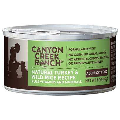 Purina Presents Canyon Creek Ranch Adult Cat Natural Turkey & Wild Rice Recipe 3oz-Case of 24. Cany Creek Ranch Adult Cat Natural Turkey & Wild Rice Recipe is a Natural Canned Cat Food that is Tasty, Wholesome and Formulated to Help Keep your Cat Healthy and Strong, Rich in Antioxidants. Turkey is the #1 Ingredient Along with Ocean Whitefish, Wholesome Wild Rice, and Accents of Spinach. This all Natural Cat Food is Formulated without Corn, Wheat, Soy or Artificial Colors, Flavors or Preservatives. [37829]