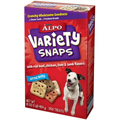 Nestle Purina Petcare Presents Purina Alpo Variety Snaps Treats 16oz-Case of 12. Purina Alpo Variety Snaps Treats are Made with Wholesome Ingredients. No Artificial Flavors or Preservatives Added. Calcium for Strong Teeth and Bones. Just One Bite and your Dog will Know - Nothing Crunches Like a Snap. Each Little Square is Packed to the Max with the Baked-in Flavors of Real Beef, Chicken, Liver and Lamb. A Big-Time Crunch in Four Mouthwatering Flavors is Bound to Keep Him Coming Back for just One...More...Snap! [37852]