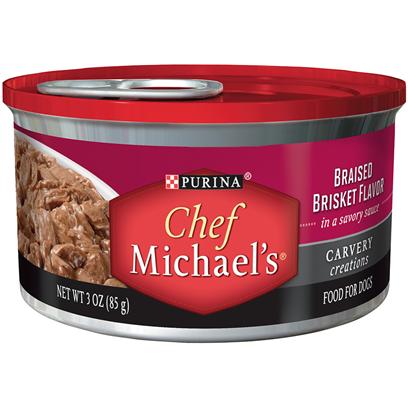 Nestle Purina Petcare Presents Purina Chef Michael's Carvery Creations Braised Brisket Flavor in a Savory Sauce 3oz-Case of 24. Purina Chef Michael's Carvery Creations Braised Brisket Flavor Celebrates Everything you and your Dog Love About Real Meat the Cut, Quality, Cooking Method and Special Touches. It is Prepared with Real Beef as the #1 Ingredient, Marinated in a Savory Sauce with Tender, Pull-Apart Shreds that Look as Good as they Taste. [37855]