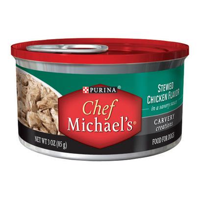 Nestle Purina Petcare Presents Purina Chef Michael's Carvery Creations Stewed Chicken Flavor in a Savory Sauce 3oz-Case of 24. Purina Chef Michael's Carvery Creations Stewed Chicken Flavor Celebrates Everything you and your Dog Love About Real Meat the Cut, Quality, Cooking Method and Special Touches. This Delicious Meal is Prepared with Real Chicken as the #1 Ingredient, Marinated in a Savory Sauce with Tender, Pull-Apart Shreds that Look as Good as they Taste. [37856]