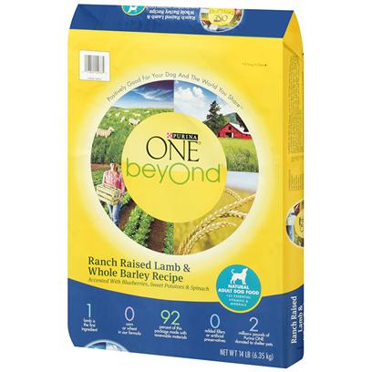 Purina Presents Purina One Beyond Dog Ranch Raised Lamb & Whole Barley Recipe 14lb Bag. Purina One Beyond Dog Ranch Raised Lamb & Whole Barley Recipe Uses Natural Ingredients, Plus Vitamins and Minerals, and are Crafted without Added Fillers or Artificial Preservatives. One Beyond Start with Real Ranch-Raised Lamb. High-Quality Protein Helps Maintain Strong Muscles - Including a Healthy Heart. Whole Grain Goodness from Barley, Brown Rice and Oat Meal. Adds Fiber for Healthy Digestion, Carbohydrate for Energy and Omega-6 Fatty Acids for a Shiny Coat. Accents of Blueberries, Sweet Potatoes and Spinach, Harvested from Nutrient-Rich Soil. Antioxidants, Vitamins and Minerals in our Recipe Help Support your Dog's Immune System. Marine-Sourced Omega-3 Fatty Acids. Nutrients that Help Give your Dog Noticeably Bright Eyes and Healthy Skin. [37886]