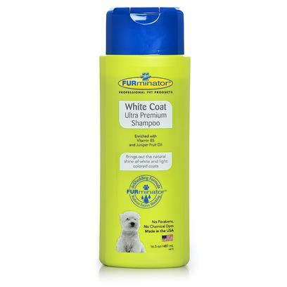 Furminator Presents Furminator White Coat Ultra Premium Shampoo 16.5oz. Your Pet's White Coat can Lose its Luster over Time, Especially when your Pet Likes Getting Dirty and Playing Outside so Much More than Staying Clean and Looking Good. Furminator White Coat Ultra Premium Shampoo Offers a Unique Blend of Natural Ingredients that Revitalizes the Coat, Bringing out the Natural Shine and Reducing Yellowing of the Coat. Enriched with Vitamin B5 and Juniper Fruit Oil, this Formula Includes no Parabens, no Chemical Dyes, and is Made in the Usa. It's Everything you Need for a Natural, Safe, Healthy White Shine. For Topical Use on Dogs and Cats over 6 Weeks Old. [38054]