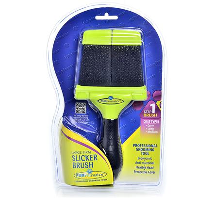 Buy Furminator Slicker Brush Firm Small Furminator Slicker Brush will Help to Solve your Grooming Woes with your Pup. The Double Sided Canine Slicker Brush with Flexible Trapezoid Design Features the Patented Slightly Angled Furminator Metal Reinforced Handle. Choose Between the Straight Tines on One Side for Short Coated Breeds, and Angled Tines Help with Long Coats and Tangles. This Brush can Handle any Sort of Hair, and is the First Step in Ensuring your Pet has a Healthy, Beautiful Coat. [38060]