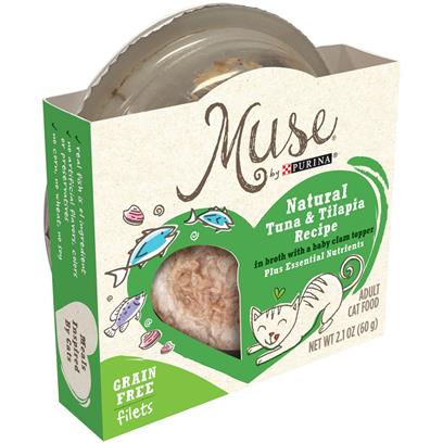 Purina Muse Natural Adult Grain Free Tuna and Tilapia Recipe in Broth with Baby Clam Topper Cat Food Trays
