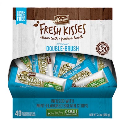 Merrick Fresh Kisses Grain Free Mint Breath Strips Extra Small Dog Treat Box