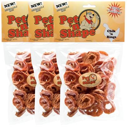 Chik n Rings are ring shaped 100 natural chicken fillets that are absolutely mouthwatering fun and playful treat for your smaller pets Chik n Rings are highprotein lowfat natural and healthy snack Each treat is carefully roasted to ensure the ultimate quality and flavor NO additives NO preservatives NO coloring Lowfat natural and healthy snack Ingredients 100 Chicken Breast Guaranteed Analysis Crude Protein MIN 700 Crude Fat MIN 20 Crude Ash MAX 45 Crude Fiber MAX 02 Moisture MAX 180 Calories35oz 312