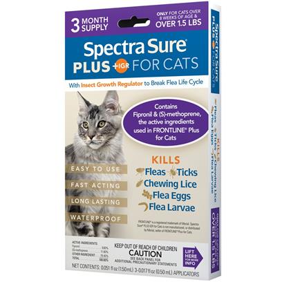 Spectra Sure Plus for Cats of All Weights Using the same proven flea control ingredient as Frontline Plus Spectra Sure Plus provides effective control of flea tick and chewing lice infestations Fipronil is capable of attacking adult fleas and ticks on contact while Etofenprox enhances the efficacy of the formula Full Pest Protection Using the dual action of Fipronil and Etofenprox Spectra Sure will effectively break the flea life cycle by eliminating pests on cats quickly and effectively This formula will kill adult fleas and ticks in as quickly as 1 hour after application Not only effective against fleas Spectra Sure also controls mites ticks and chewing lice The importance of controlling pests goes beyond relieving a nuisance it may also