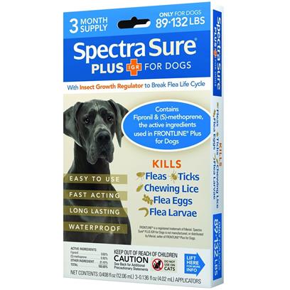 Spectra Sure Plus for Dogs 89 to 132 lbs Spectra Sure Plus provides effective control of flea tick and chewing lice infestations through the effective ingredients Fipronil and Cyphenothrin Fipronil is capable of attacking adult fleas and ticks on contact while Cyphenothrin enhances efficacy and grants faster relief Full Pest Protection Using the dual action of Fipronil and Cyphenothrin Spectra Sure Plus can effectively break the flea life cycle by eliminating fleas before they lay eggs This formula will kill adult fleas and ticks in as little as one hour The importance of controlling pests goes beyond relieving a nuisance it may also help to prevent infections Mites may cause sarcoptic mange while ticks have been linked to the transmission
