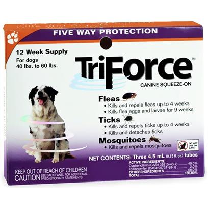 TriForce Orange provides pets with the ultimate 5 way protection Triforce kills fleas flea eggs flea larvae ticks and mosquitoes The squeeze on application kills and repels fleas in as little as 1 hour Kills and repels fleas up to 4 weeks Kills flea eggs and larvae for up to 9 weeks Kills and repels ticks up to 4 weeks Kills and detaches ticks Kills and repels mosquitoes Contains three 45 mL tubes Active ingredients are Cyphenothrin CAS 39515407 400 Pyriproxyfen CAS 95737681 20 Other 580 DO NOT USE ON CATS