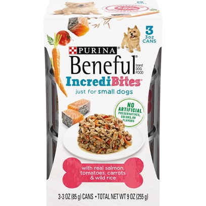 Beneful IncrediBites for Small Dogs with Salmon, Tomatoes, Carrots & Wild Rice Canned Dog Food 3-oz, case of 24